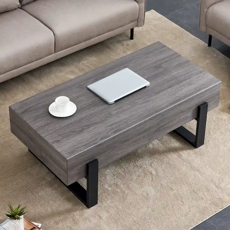 A Rustic Gray Wood Grain MDF Coffee Table With Black Metal Legs - An Elegant Space In Natural Wood Tones