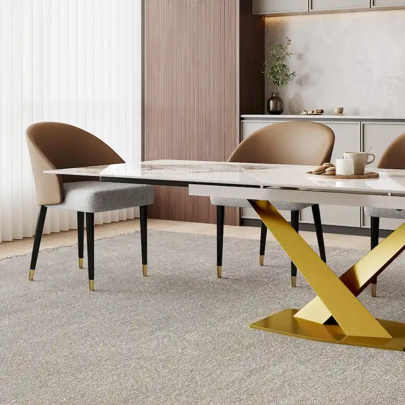 9 - Piece 94.48 Rectangular Extendable Sintered Stone Dining Table with 8 Faux leather Chairs Dining Set