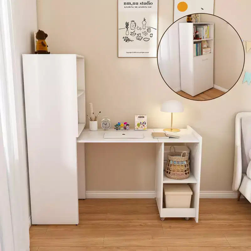 White Foldable Desk with Storage Shelves & Casters, Single-Person