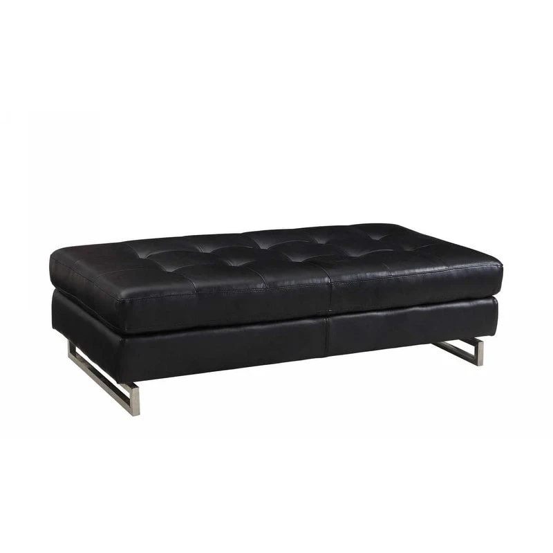 HomeRoots 63 Black Tufted Faux Leather and Silver Ottoman