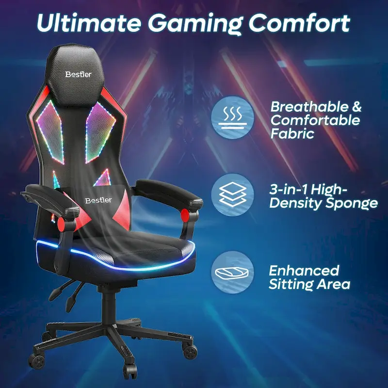 Ergonomic Gaming Chair with RGB LED Lights, Ventilated Fabric Computer Chair with Pocket Spring Cushion and Articulated Armrests