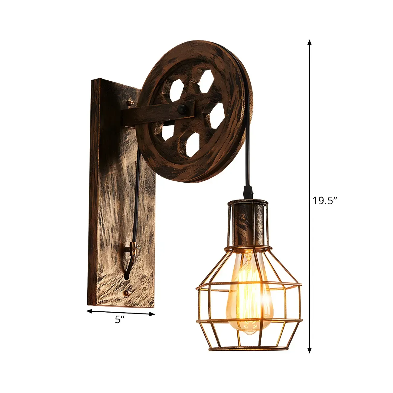 Industrial Bronze Cage Wall Sconce with Pulley & Swing Arm