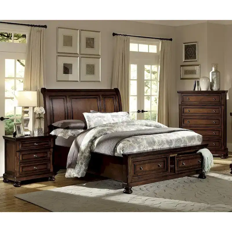 Brown Cherry Finish 3pc Bedroom Set Platform Storage Bed Chest Nightstand