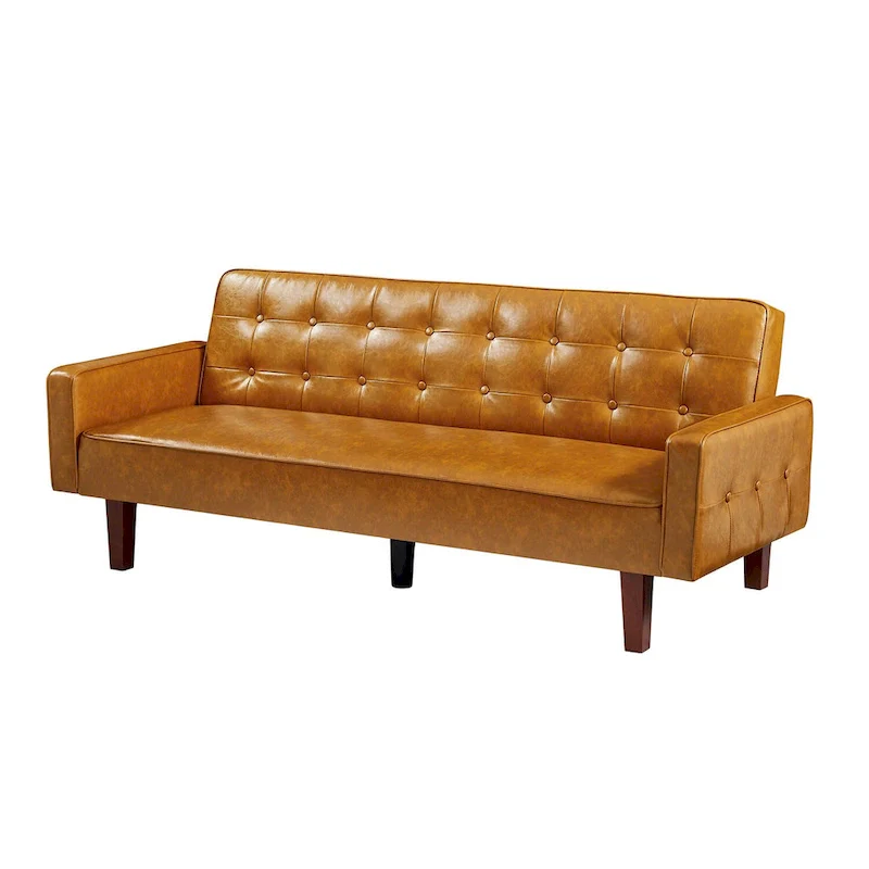 74.4 L Faux Leather Full Handcrafted Button Tufted Sofa 3-Seat, Convertible Sleeper Couch Adjustable Backrest