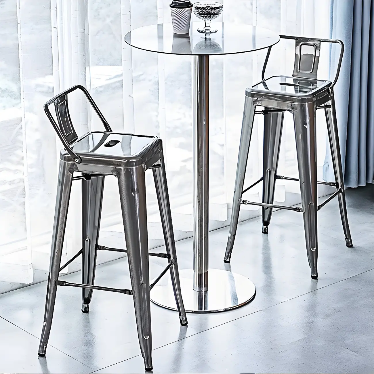 Industrial Silver Metal Pedestal Round Bar Tables
