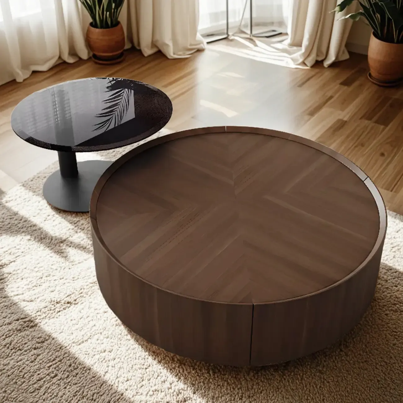 Brown Round Sleek Round Wood Coffee Table with Storage