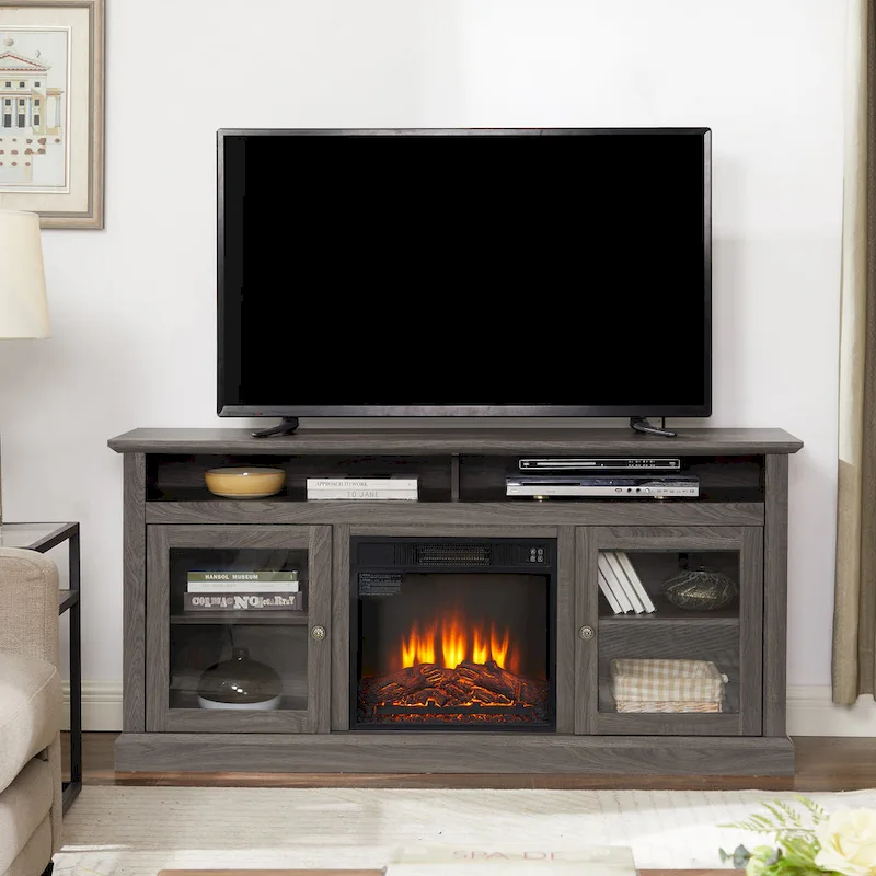 60 Fireplace TV Stand with Glass Doors and Open/Closed Storage for TVs Up to 65