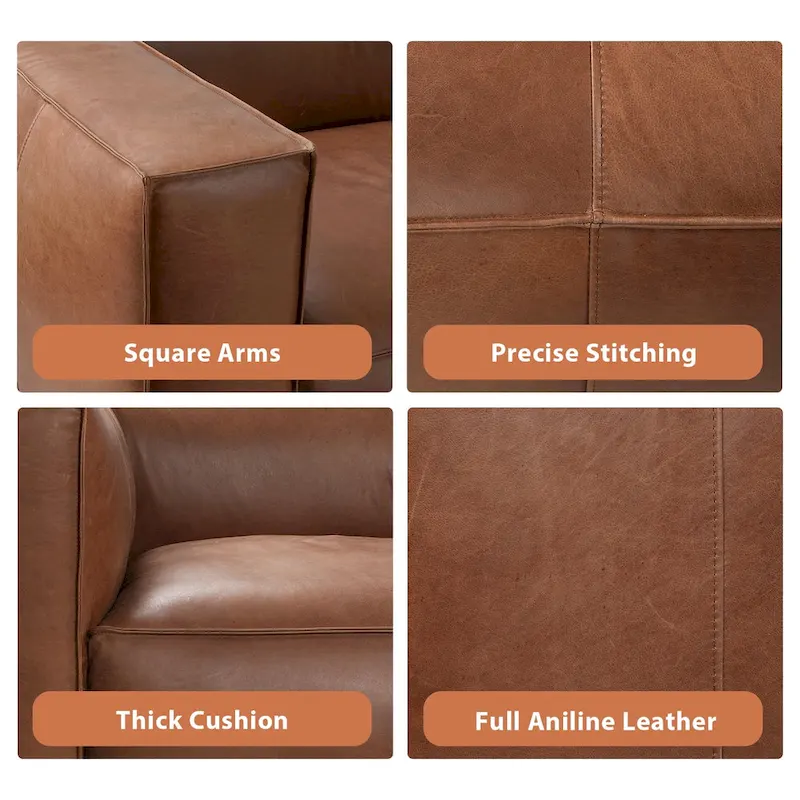 Brown/Light Brown Genuine Aniline Leather Sofa, Square Arms, 100