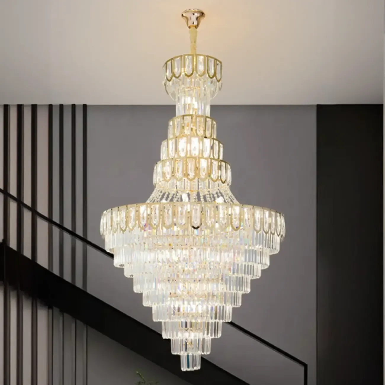Luxury Adjustable Gold Tiered Crystal High Ceiling Chandelier