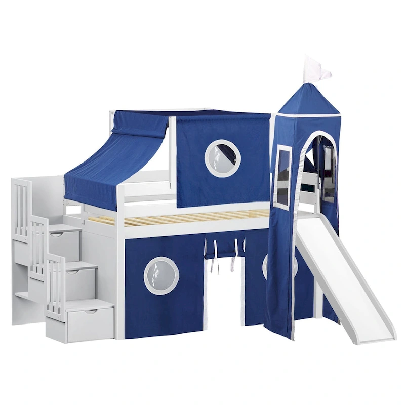 JACKPOT Prince & Princess Low Loft Twin Bed, Stairs Slide Tent & Tower