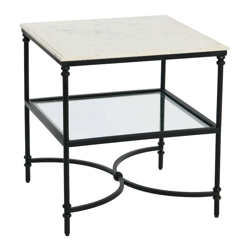 Square Marble Top End Table, Gold/Black & White, Iron Legs, Glass Shelf