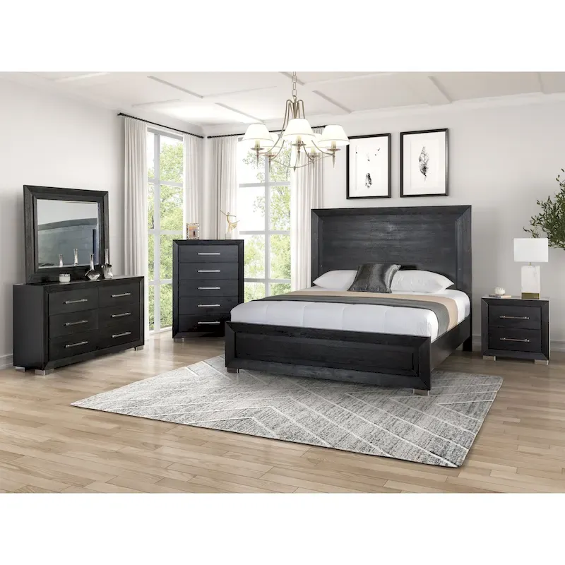 Modern Black Solid Wood 6-Piece King Bedroom Set Cedar-Lined Bottom Drawer