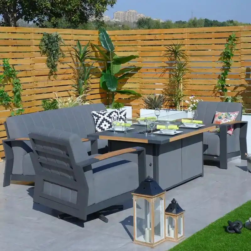 4-Piece Patio Acrylic Swing Chair Sofa Set with Firepit Table and BBQ Grill