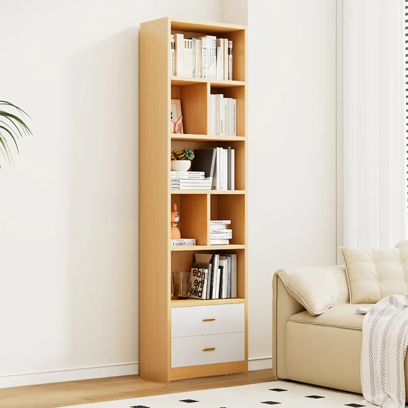 Natural Finish Narrow 6 Shelves Wooden Bookcase with Drawer