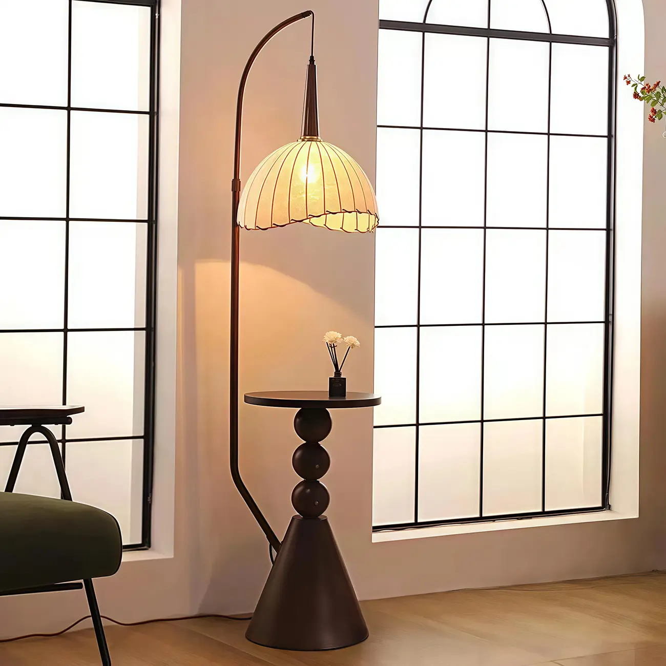 Adjustable Wooden Beige Dome Arc Floor Lamp with Table