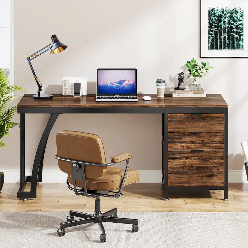 59-inch Wood/ Metal Computer Desk Writing Table with 3 Reversible Drawers
