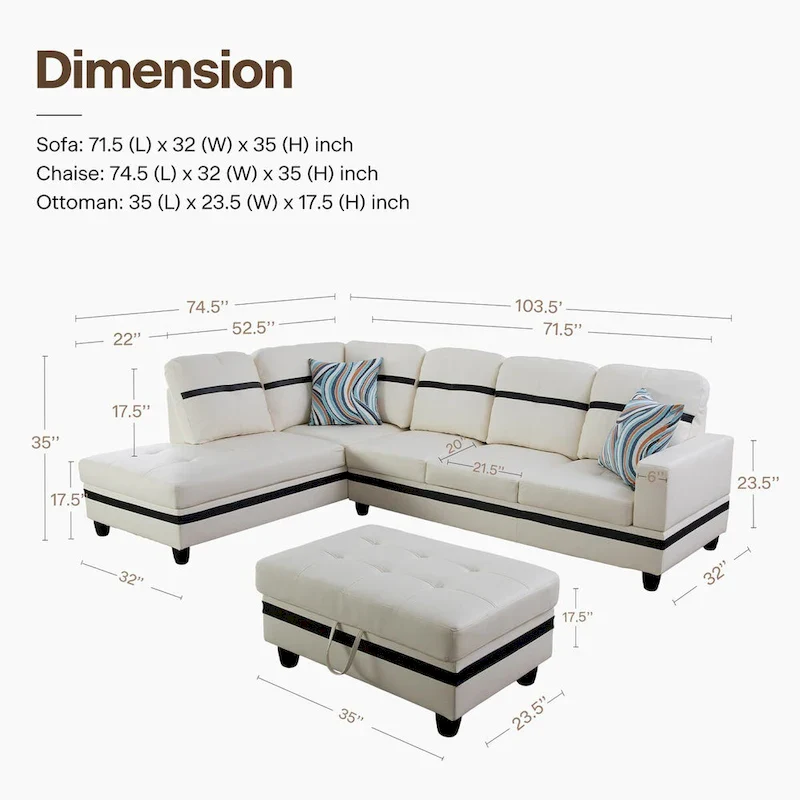 L-Shape Semi PU Leather Living Room Sofa Set with Ottoman,3-Piece
