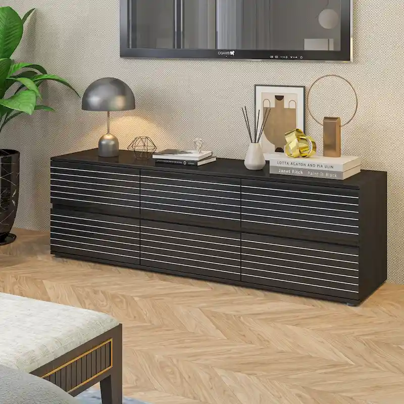 Low Profile Dresser/TV Stand - Black & White, 6 Drawers, 63W x 19.7H, Multi-Functional