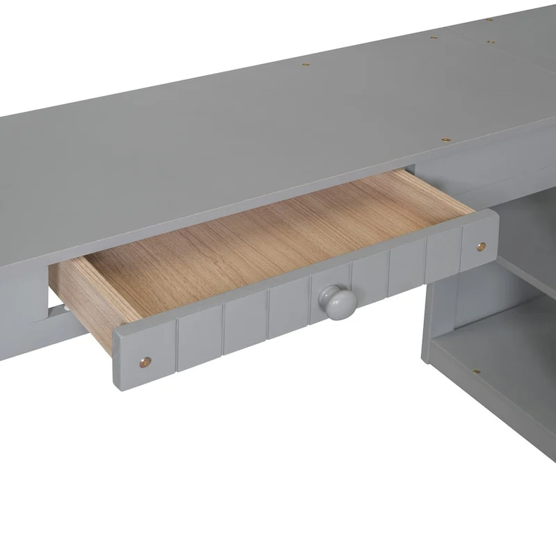 Twin Size Wooden Loft Bed with Desk, 2 Drawers, Cabinet, 4 Shelves, Full-Length Guardrail