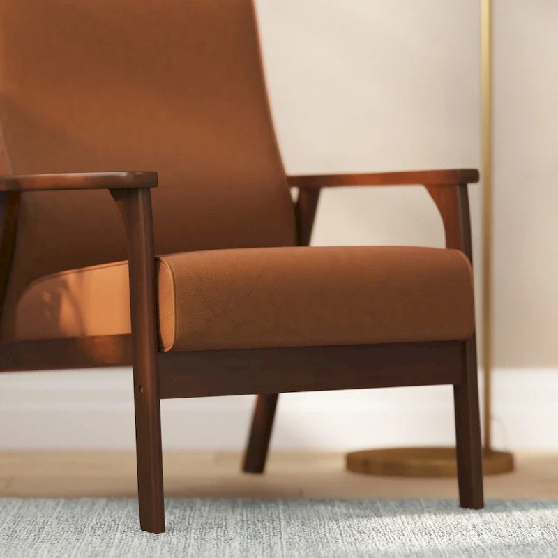 Mid-Century  Armchair with Wooden Frame and Faux Leather Cushions