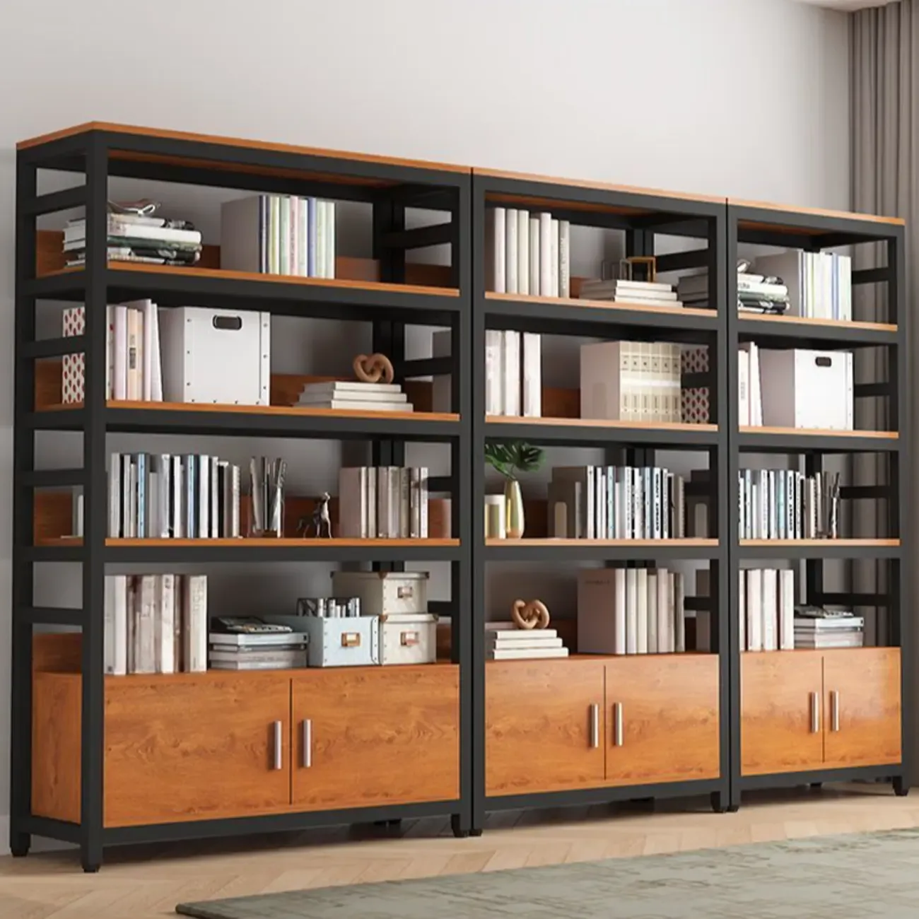 Brown Multi-Shelf Wooden Vertical Bookcase with Cabinet