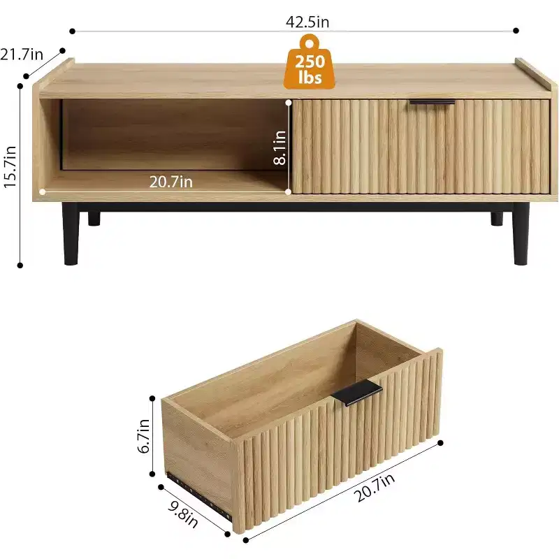 Beige Fluted Rectangle Coffee Table with 2 Drawers and Open Shelves, 4-Leg Design