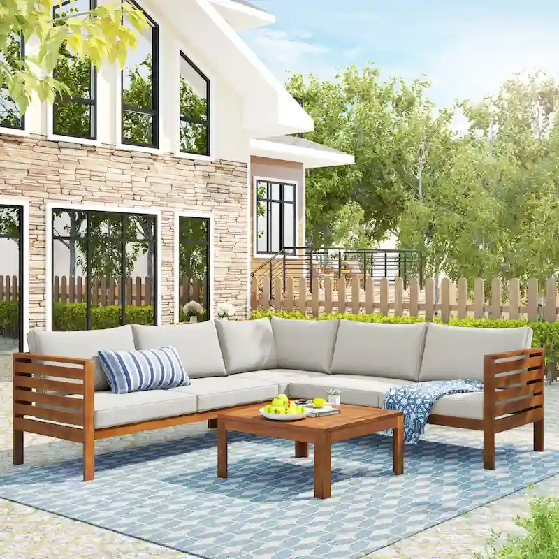 4 Piece Outdoor Patio Furniture Set, Patio Sectional Conversation Set with Coffee Table, Two-Person Sofa and Corner Sofa
