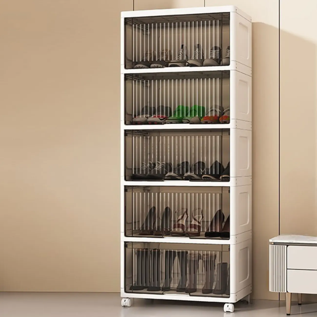 Hallway White Plastic Drop-Front Shoe Cabinet with Casters