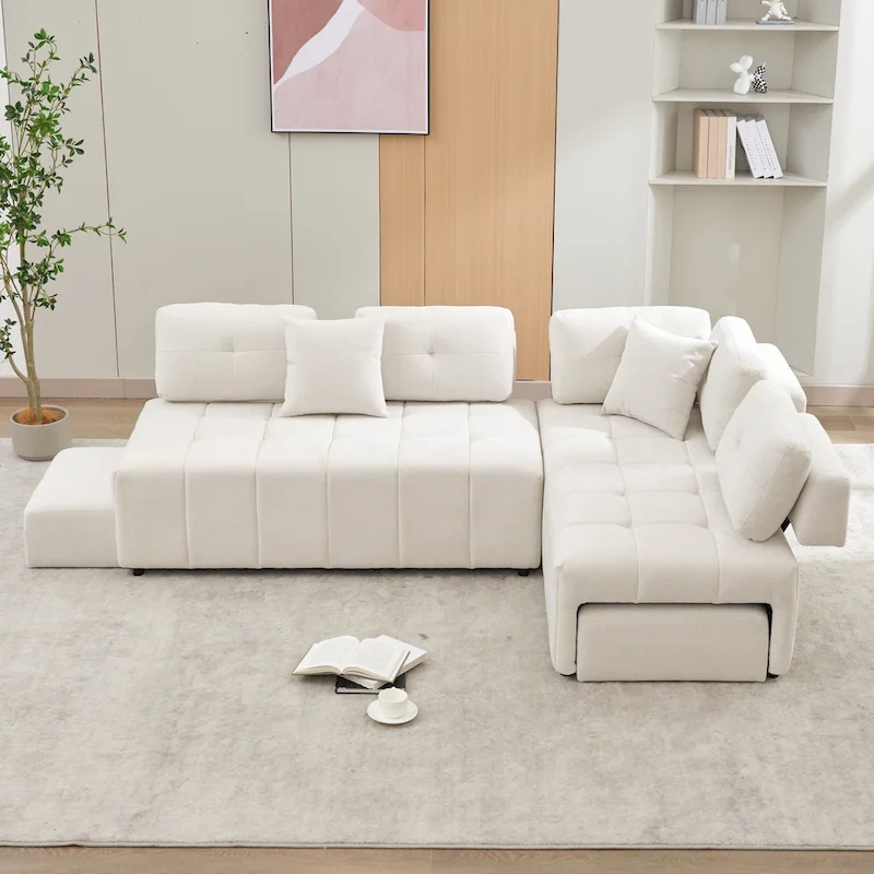 91.73  L-Shaped 4 Seater Sectional Sofa with 2 Hidden Stools, 2 Removable Lumbar Pillows, and Durable Chenille Upholstery