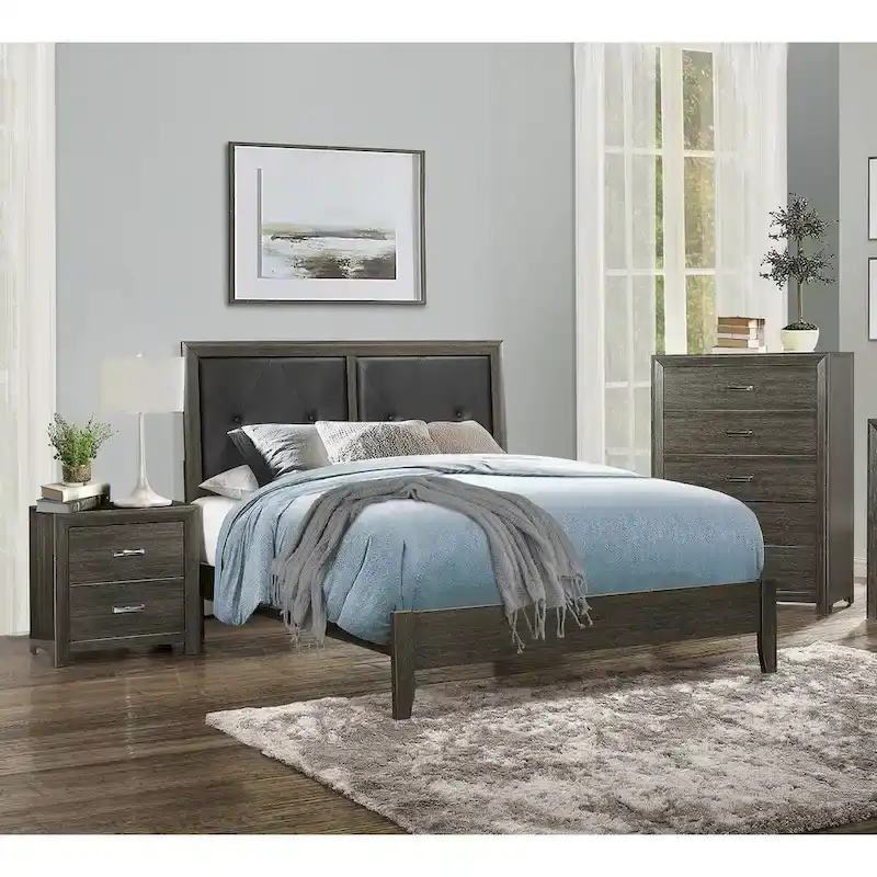Contemporary Bedroom Set 3pc Bed Nightstand Chest Dark Gray Finish