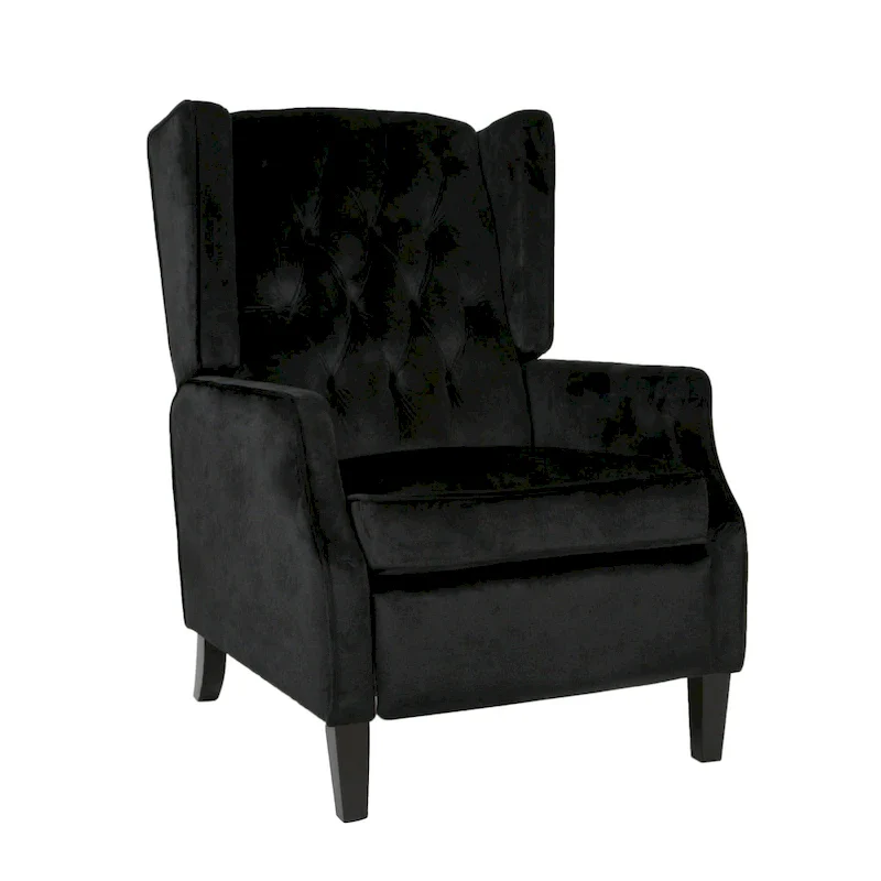 Black Velvet Mid-Century Wingback Push-Back Recliner with Footrest, Button-tufted Back