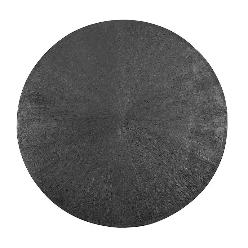 Raj 39 Inch Round Coffee Table, Cross Legs Design, Black Acacia Wood, Iron