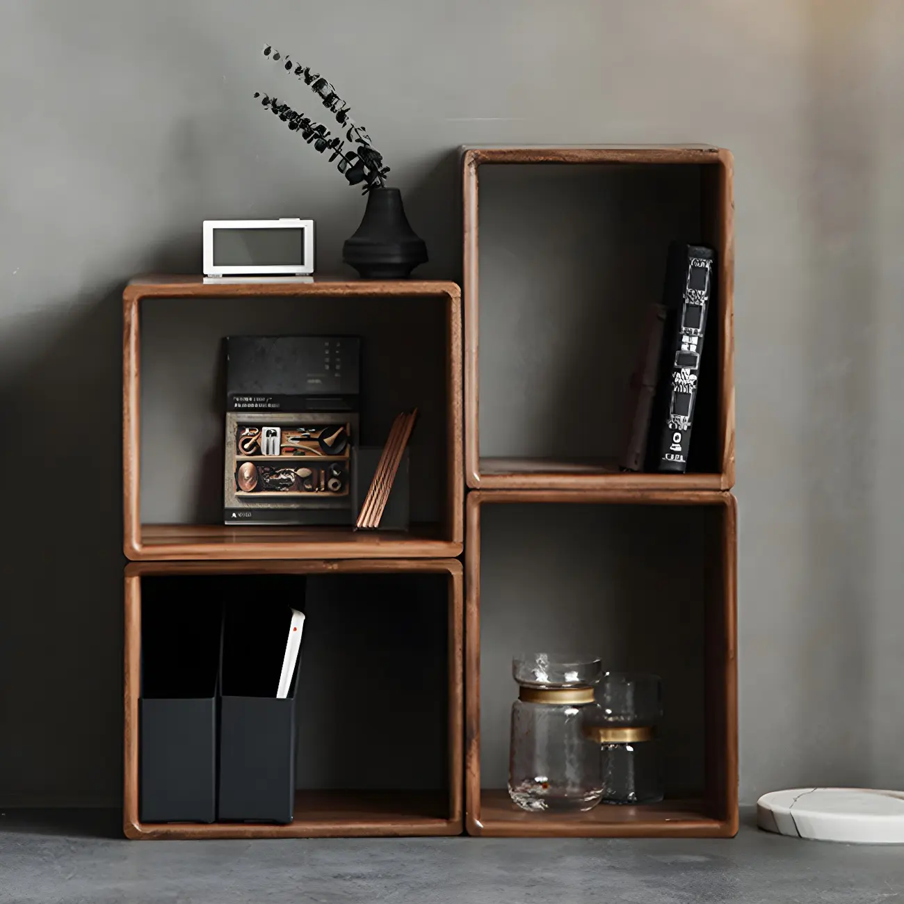 Mid-century Modern Brown Wood Cube Open Back Bookcase