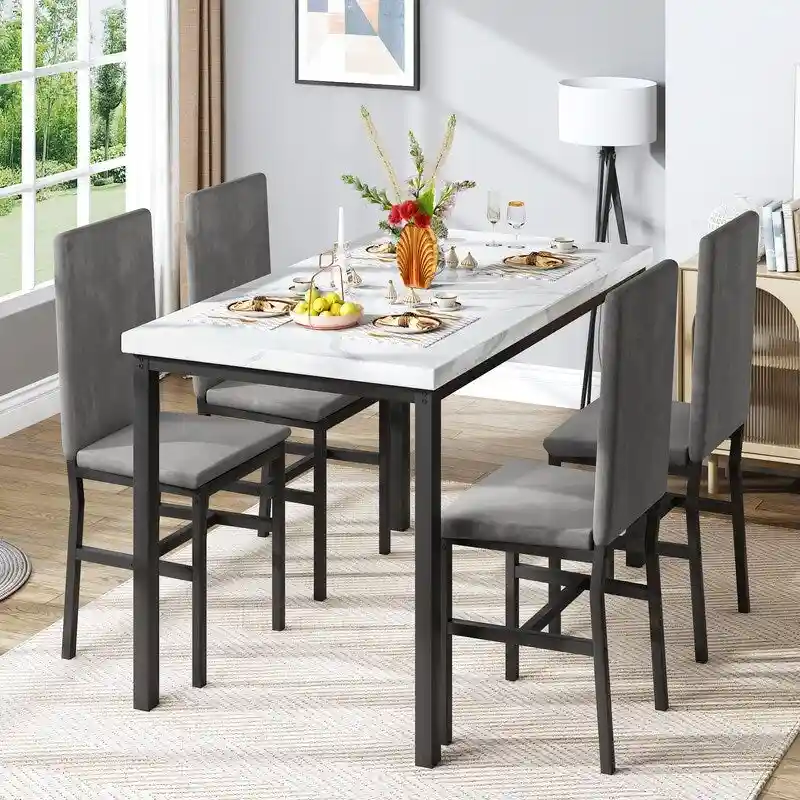 Grondin Modern Style Faux Marble Top 5-Piece Casual Dining Set with 4 Velvet Upholstered Dining Chairs