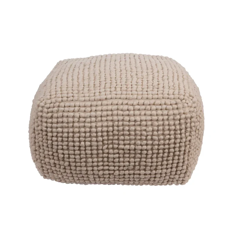 Cream/Grey/Teal Wool & Cotton Round Pouf Ottoman, 24