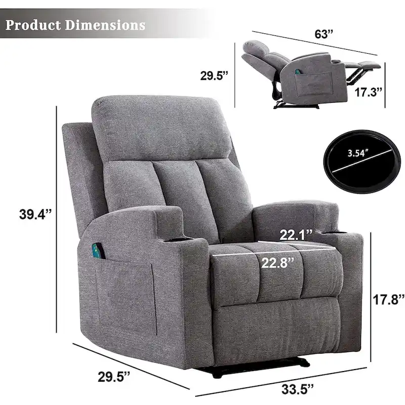 Manual Recliner Massage and Heating Chair Sofa with 2 Cup Holders Breathable Fabric