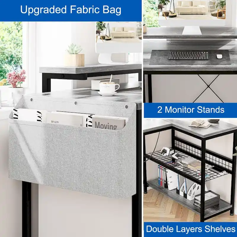 Modern L Shaped Computer Desk with Power Outlets & LED Light