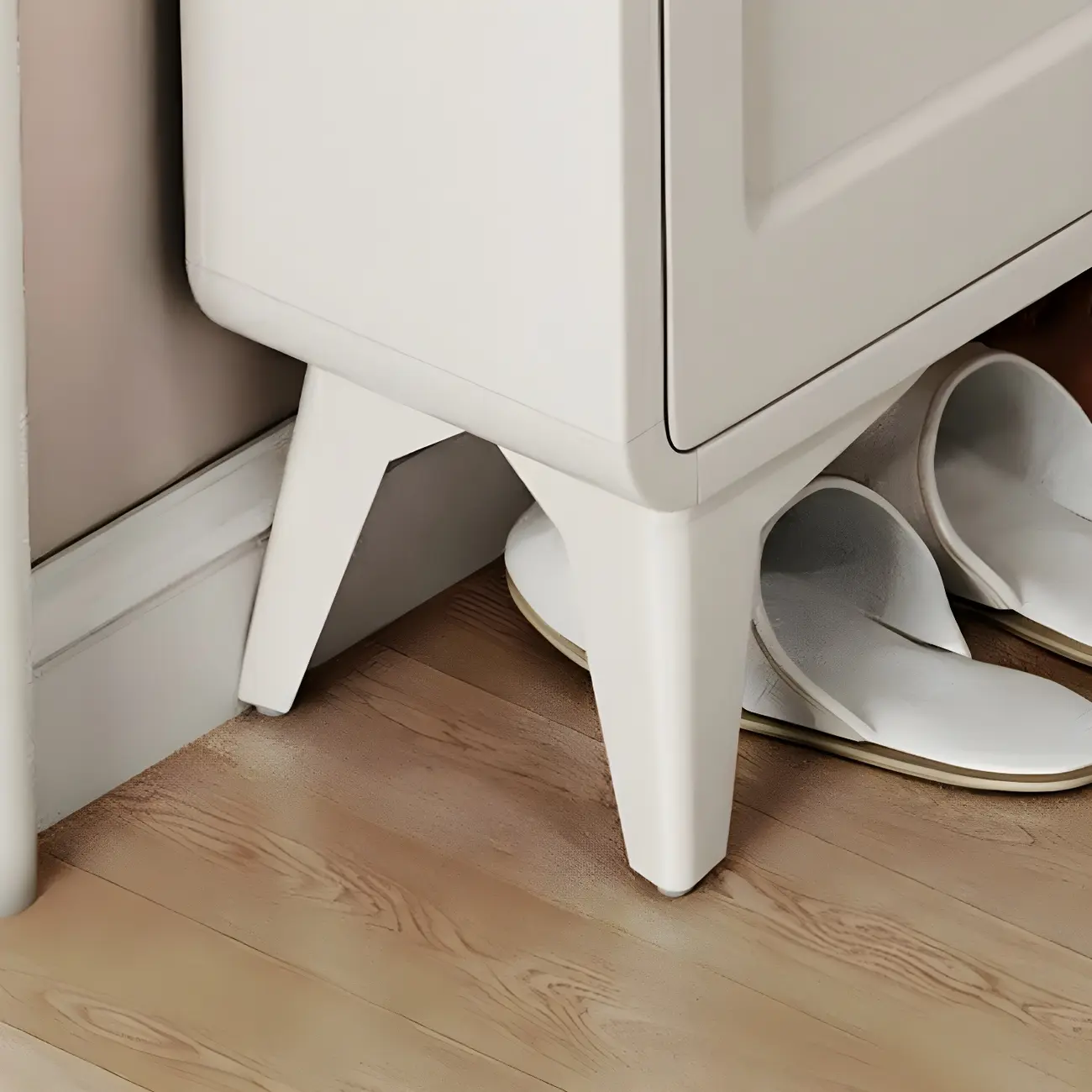 Vertical Slim White Wooden Drop Front Shoe Cabinet