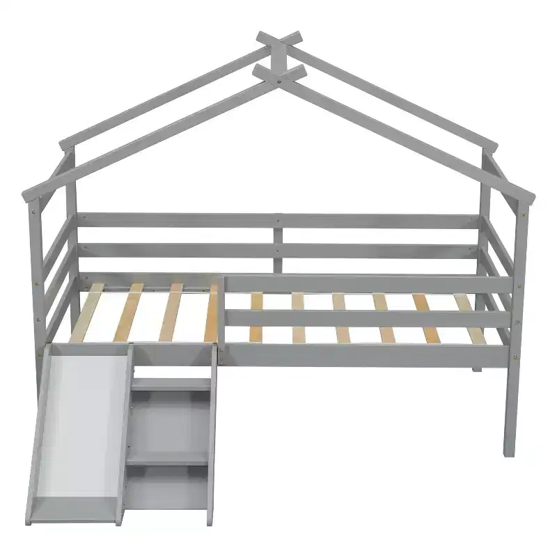 Whisen 81.7L x 67.6W Twin Low Loft House Bed with Slide, Ladder, Safety Guardrails, House Roof Frame
