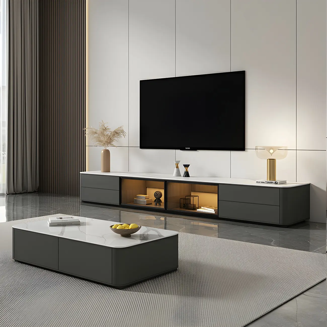 Living Room Grey Stone Long TV Stand with Drawers & Cabinet