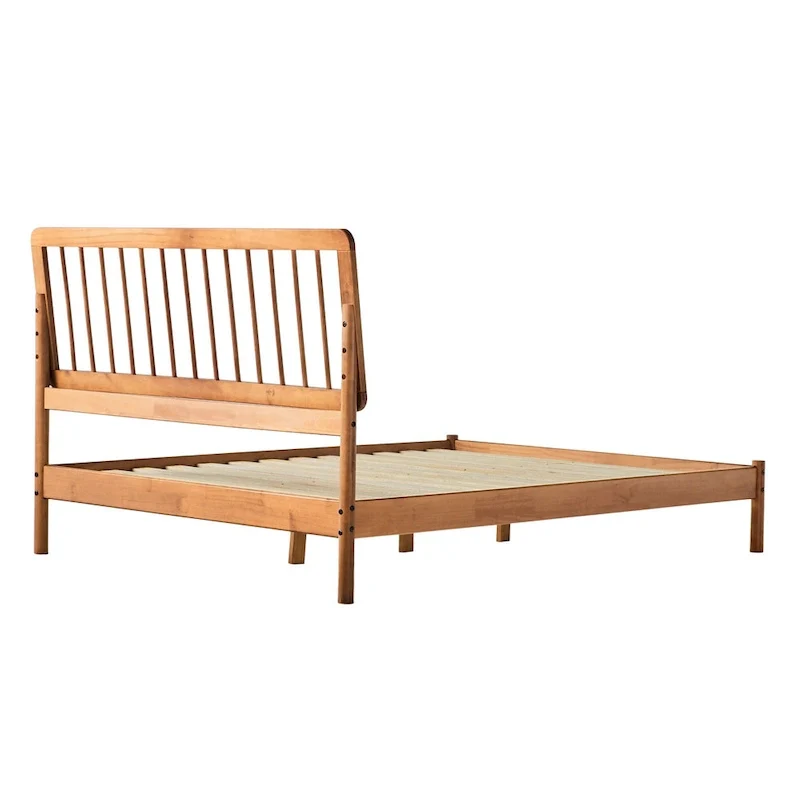 Queen Solid Wood Spindle Bed Frame with Pine Legs – Caramel / Natural Pine / Black, for 1–2 People