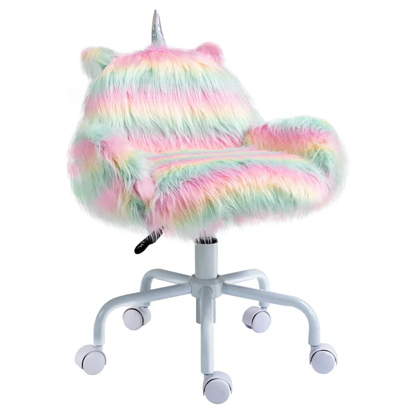 Fluffy Unicorn Swivel Office Chair with Armrests & Mid-Back – White / Pink (Rainbow), Single