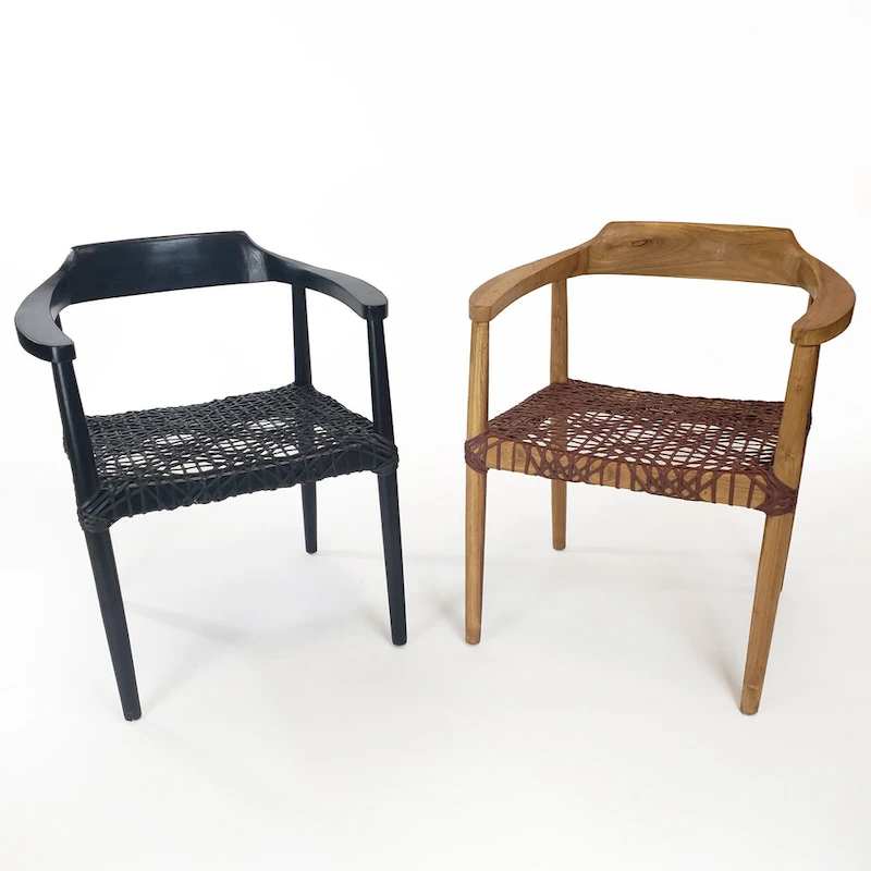 Erline Teak Wood Weaved Leather Seat Accent Chair Armchair