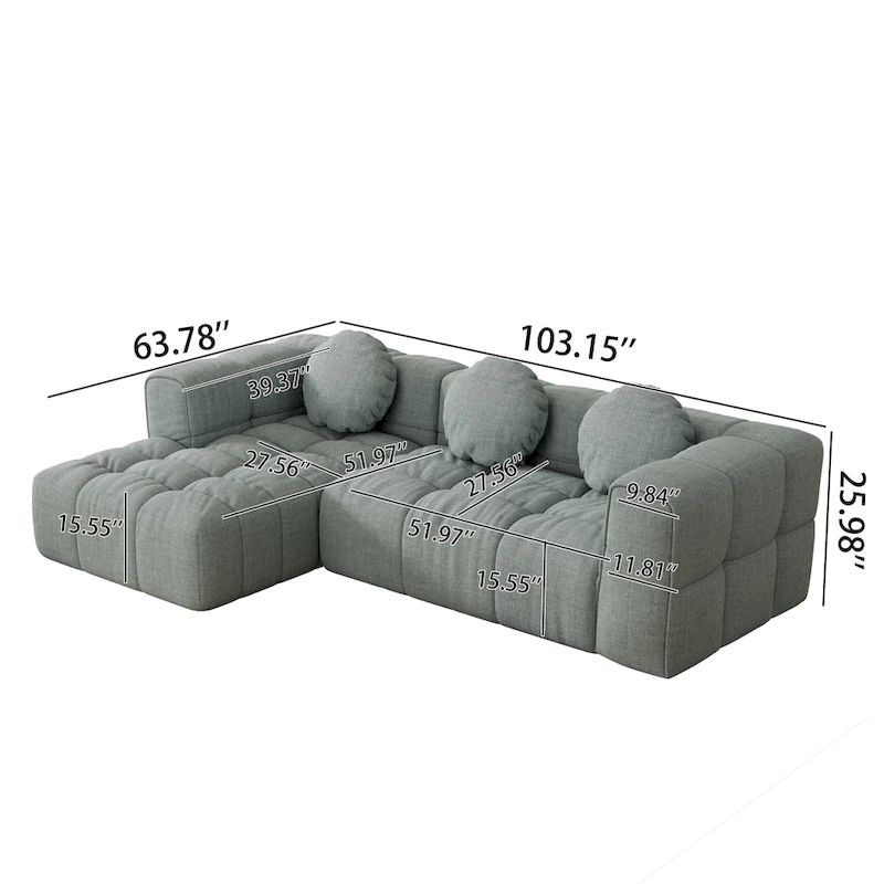 103  Chenille L-Shaped Sectional Sofa with Left Recliner, 3 Pillows and Modular Design