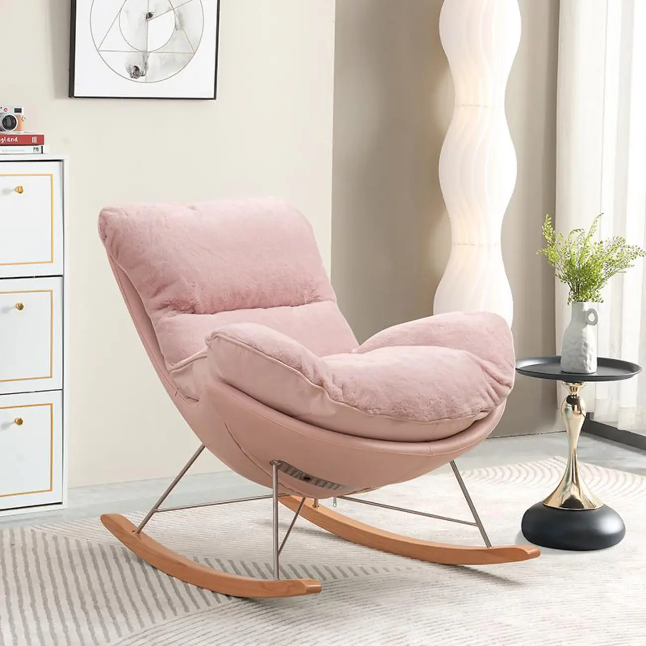 Modern Flannel Upholstered Armless Rocking Chair with Ottoman