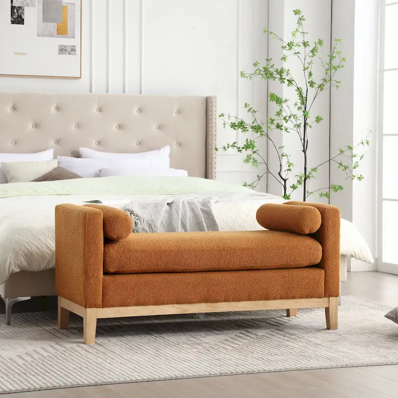 Boucle Upholstered Bedroom Bench, Ivory/Caramel/Green/Navy/Gray/Black, Wood Legs, Seats 2