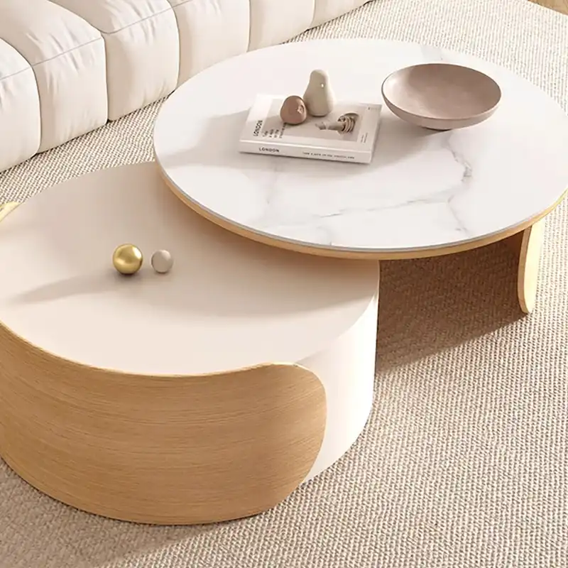 Round Coffee Table - Beige Wood with Stone Top - 31.5