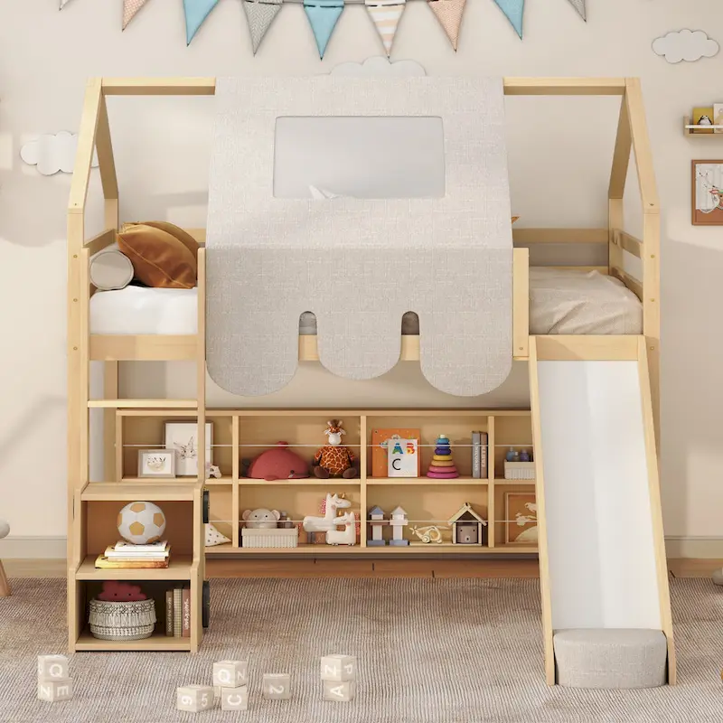 Full Loft Bed with Play Tent, House Design, Slide & Ladder