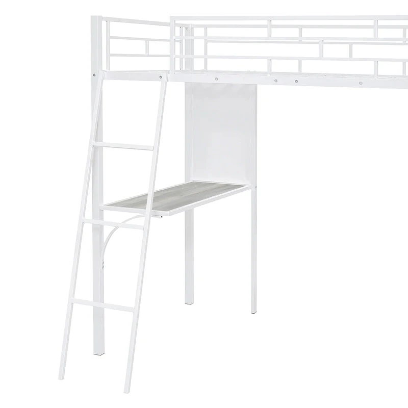 White Twin Loft Metal Bed with Shelves
