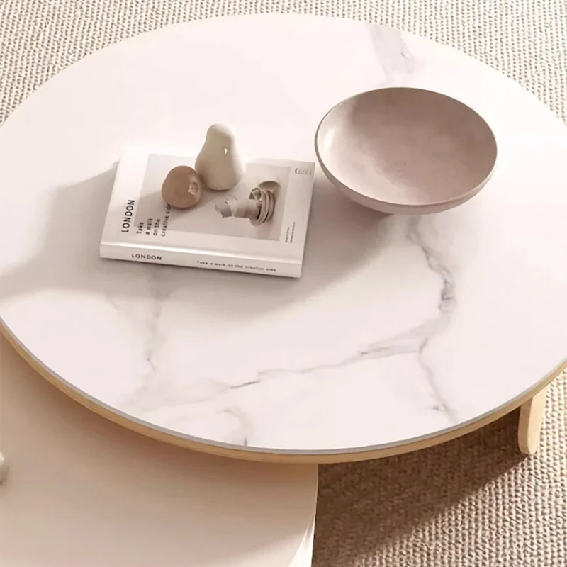 Round Coffee Table - Beige Wood with Stone Top - 31.5